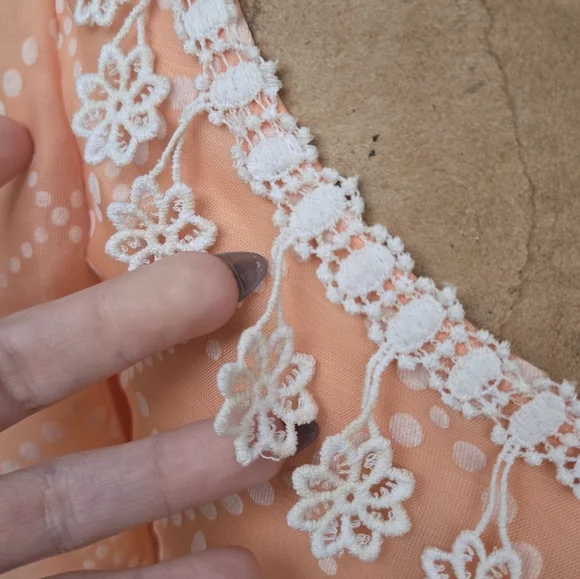 Vintage Bridgerton Puff Sleeve Orange Cream Bow Back Crochet Fringe Dress, XS/S - Picture 6 of 12